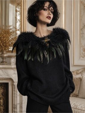 Rare 80s 90s Victoria Jones Feather Sweater Maximalist Gothic Glam Vintage Sz XL